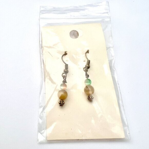 Handmade Beaded Drop Earrings Green & Amber Glass Beads Antiqued Bronze Hooks - Picture 8 of 8